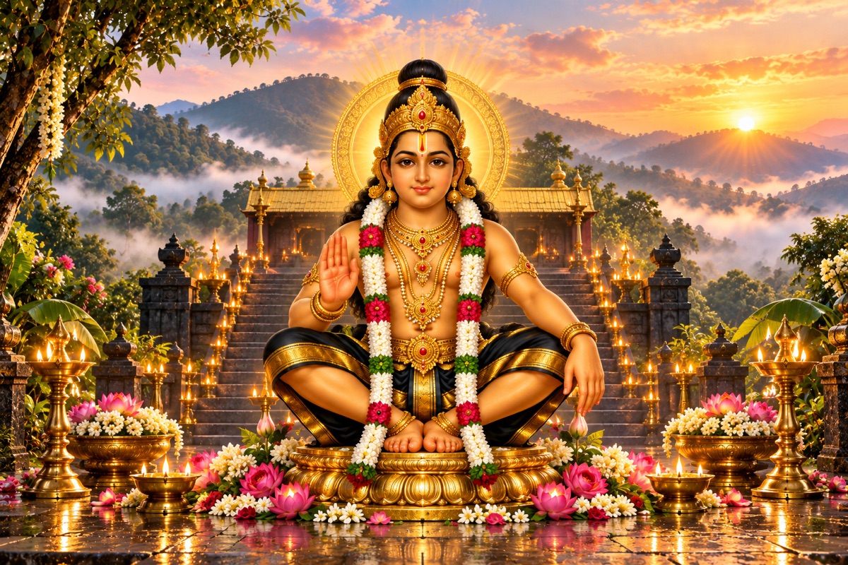 Lord Ayyappa seated in a tranquil temple at the hour of the closing hymn.