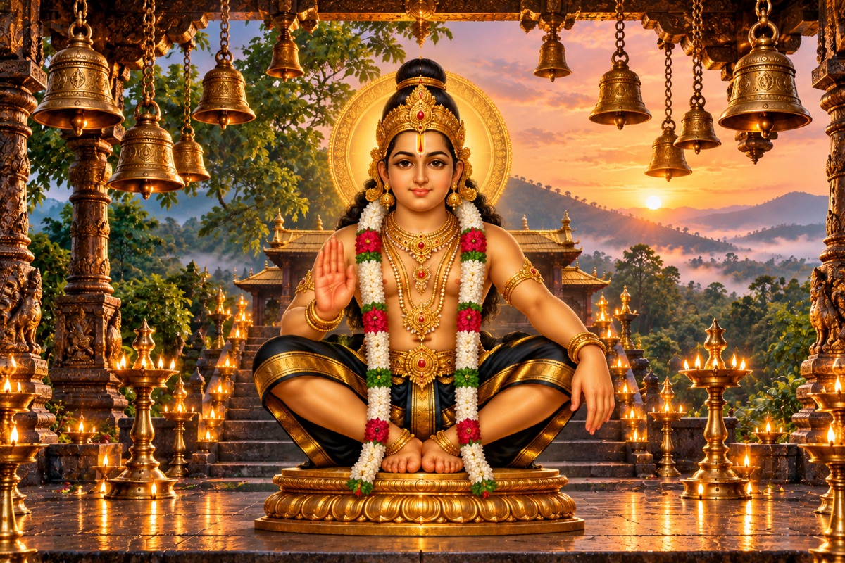 A devotee bowing before Lord Ayyappa in a lamp-lit temple.