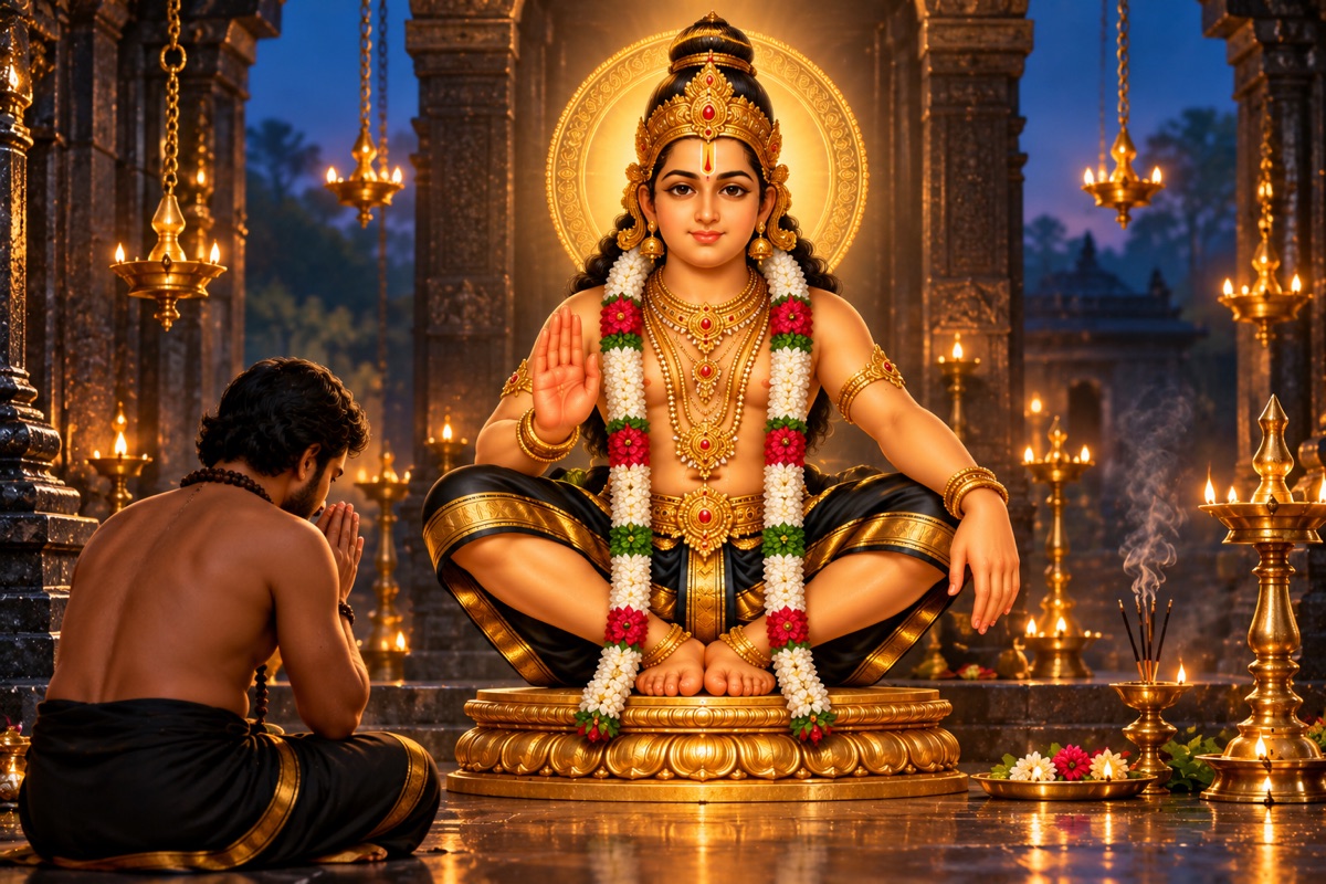 A devotee prayerfully concluding the Ayyappa pilgrimage vow.