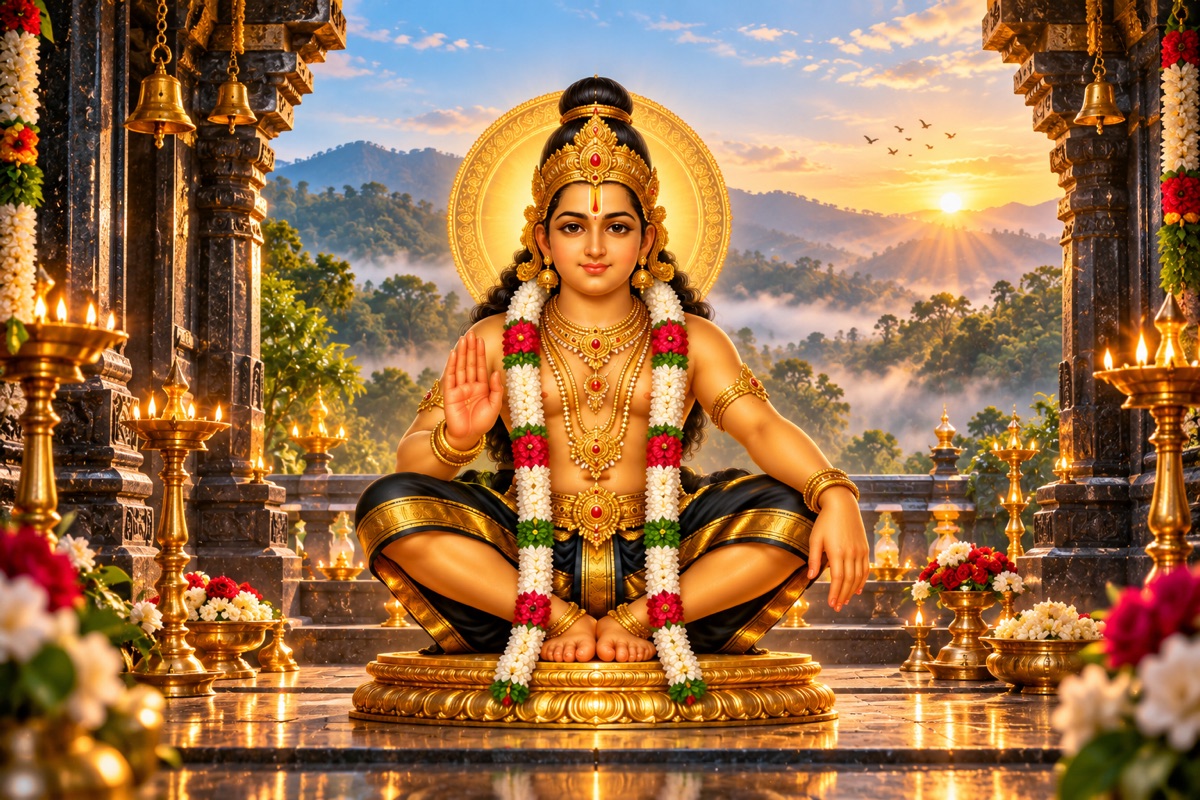 Lord Ayyappa seated above a small flight of sacred temple steps.