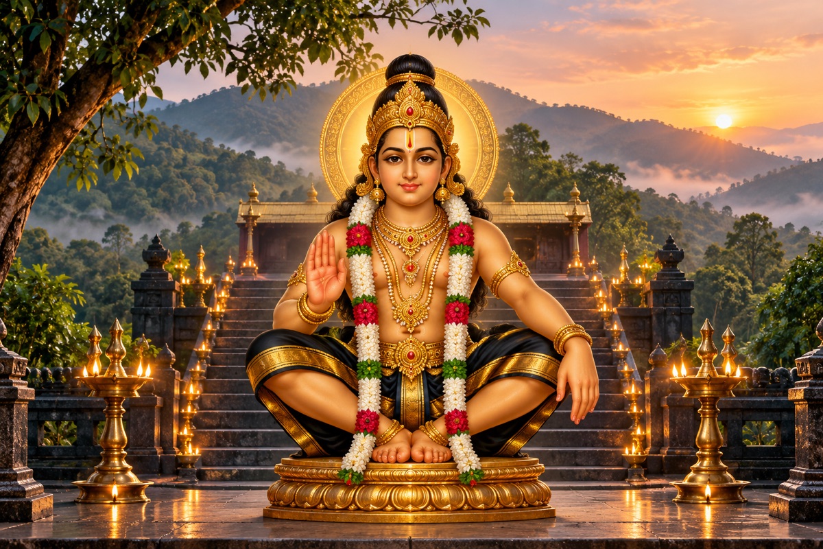 Lord Ayyappa surrounded by a quiet field of meditative light.