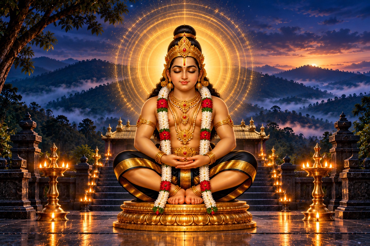దివ్య కాంతి వలయాలలో ధ్యానిస్తున్న అయ్యప్ప స్వామి