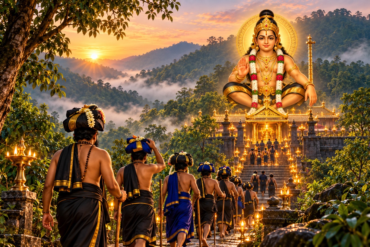 Lord Ayyappa seated prominently before a lamp-lit Sabarimala mountain shrine.