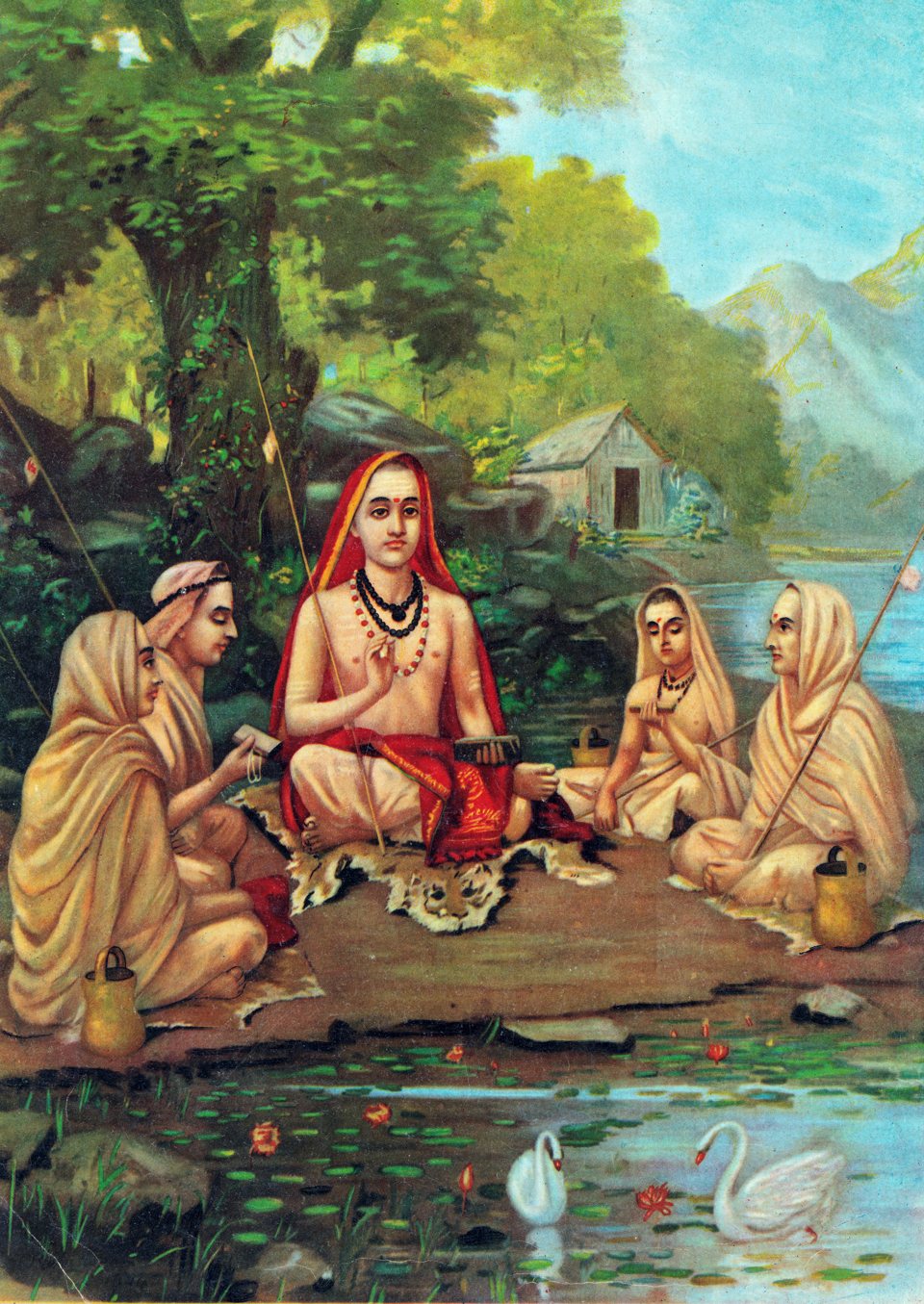 Traditional depiction of Adi Shankara seated with four disciples beside a river.