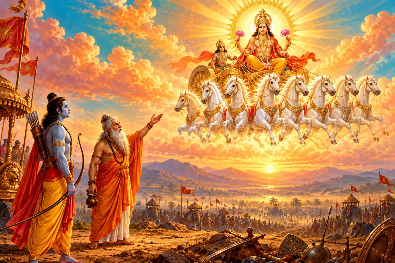 Sage Agastya directing Rama's attention to radiant Surya on a seven-horsed chariot before battle, in an original devotional painting.