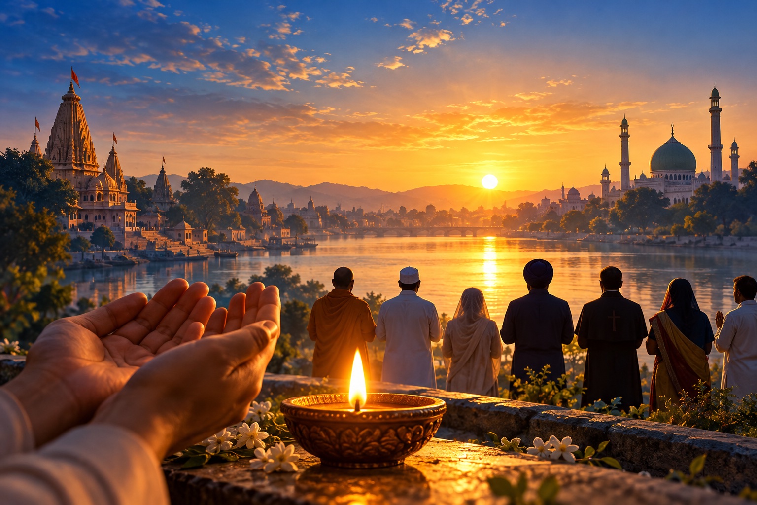 A dawn landscape where a temple lamp, mosque silhouette and many paths share one warm horizon, in an original interfaith devotional painting.
