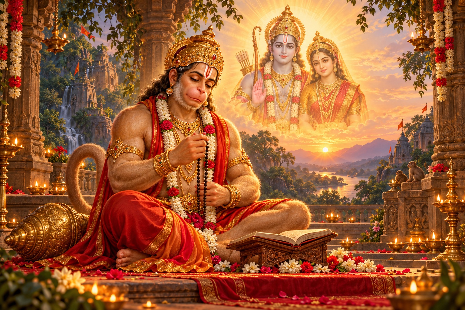 Lord Hanuman kneeling before Rama and Sita while holding a mountain at dawn, in an original devotional painting.