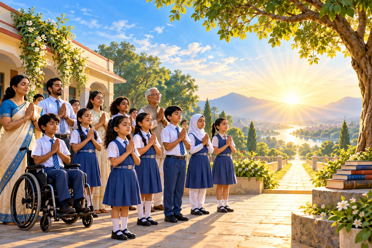 Students and adults standing in a peaceful dawn prayer assembly with open hands, in an original devotional painting.
