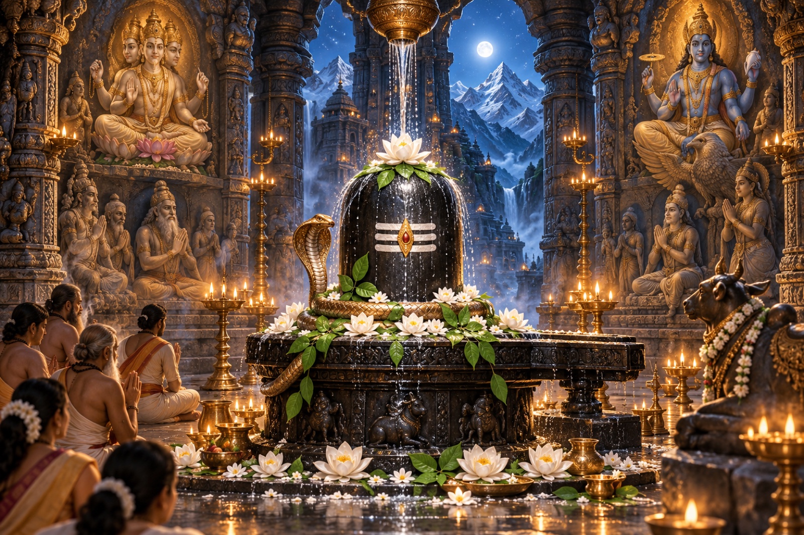A luminous Shiva linga receiving abhishekam in a Himalayan temple with lotuses, bilva leaves and worshippers, in an original devotional painting.