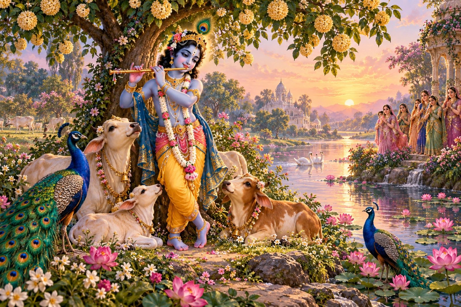 Krishna playing the flute beneath a flowering tree by the Yamuna with cows, peacocks and devotees, in an original devotional painting.