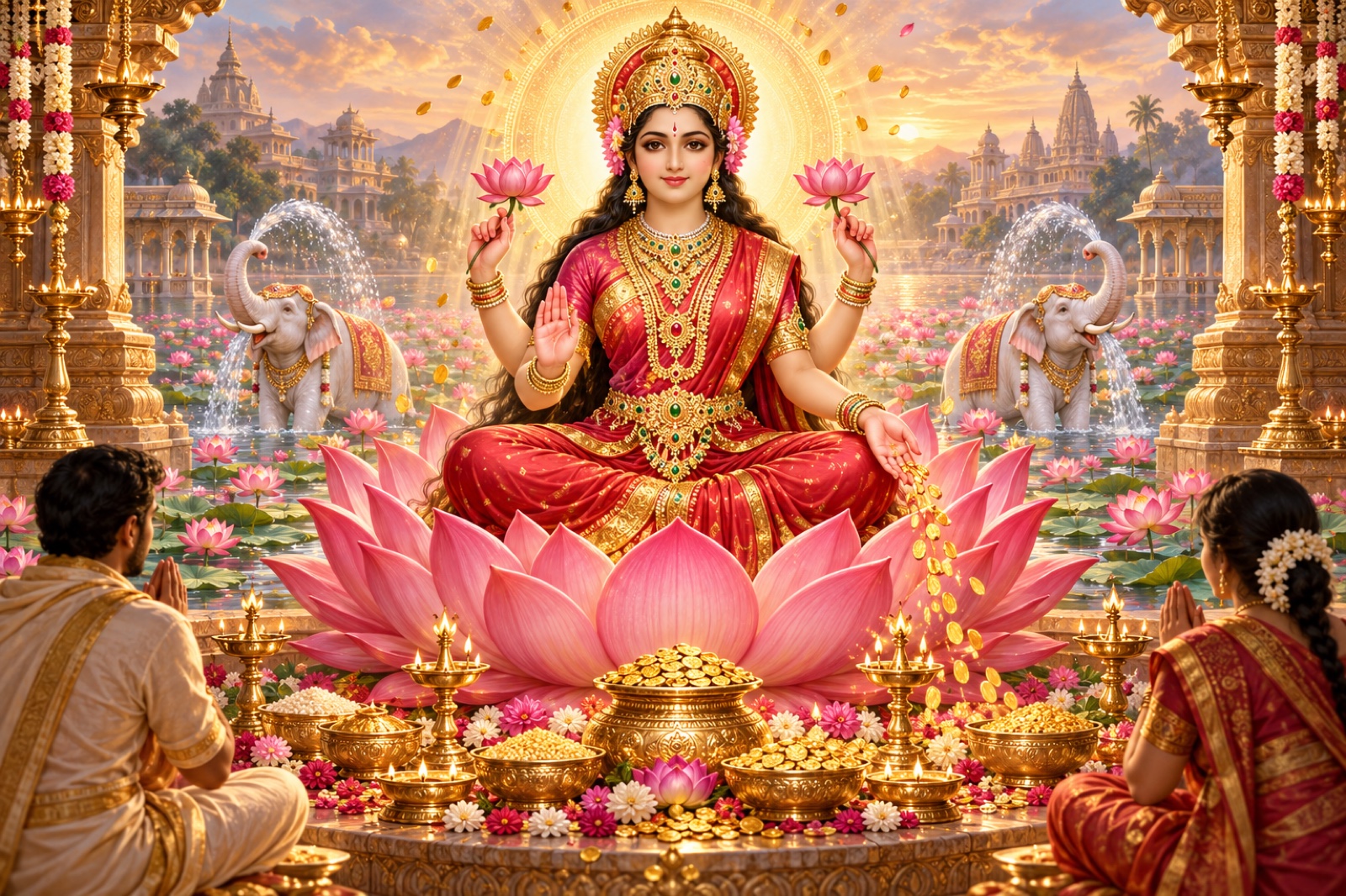 Goddess Mahalakshmi seated on a lotus amid lamps, elephants, flowers and golden light, in an original devotional painting.
