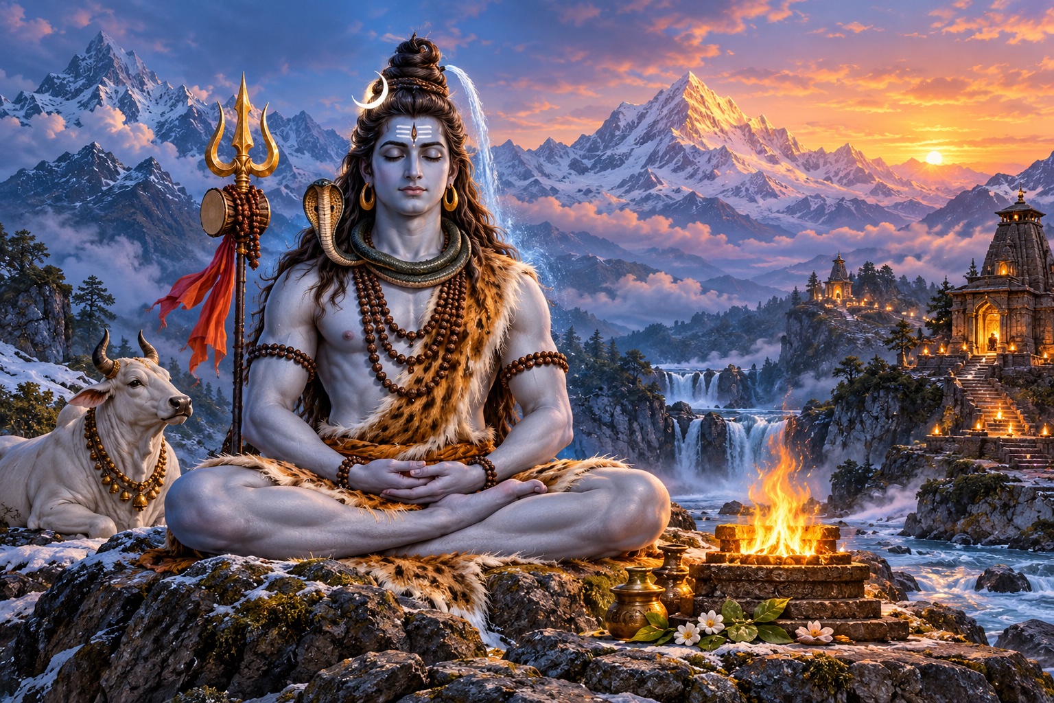 Lord Shiva as Tryambaka in meditation with healing light, herbs and a moonlit Himalayan river, in an original devotional painting.