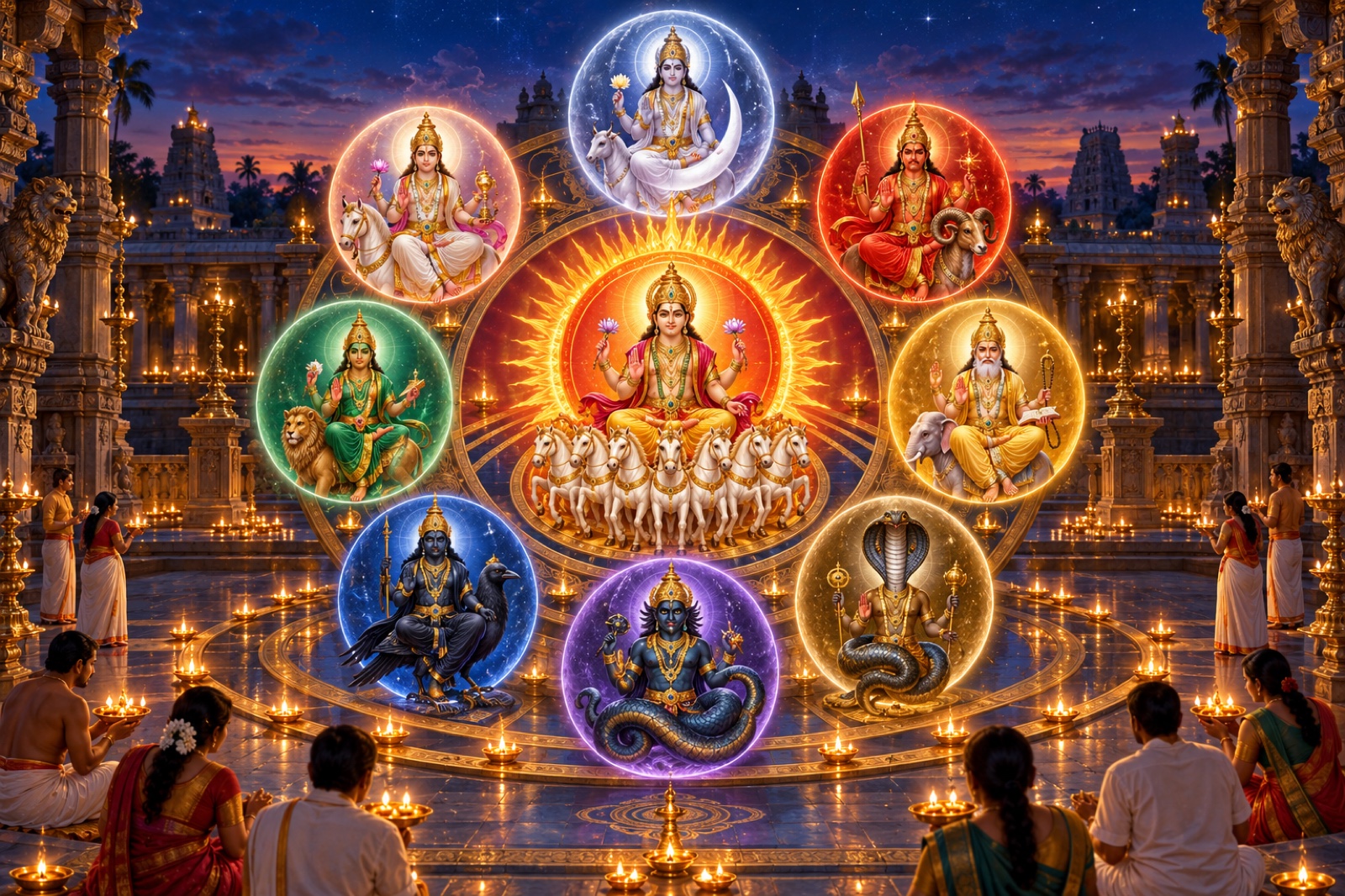 The nine grahas arranged in a luminous celestial mandala within a lamp-lit temple courtyard, in an original devotional painting.