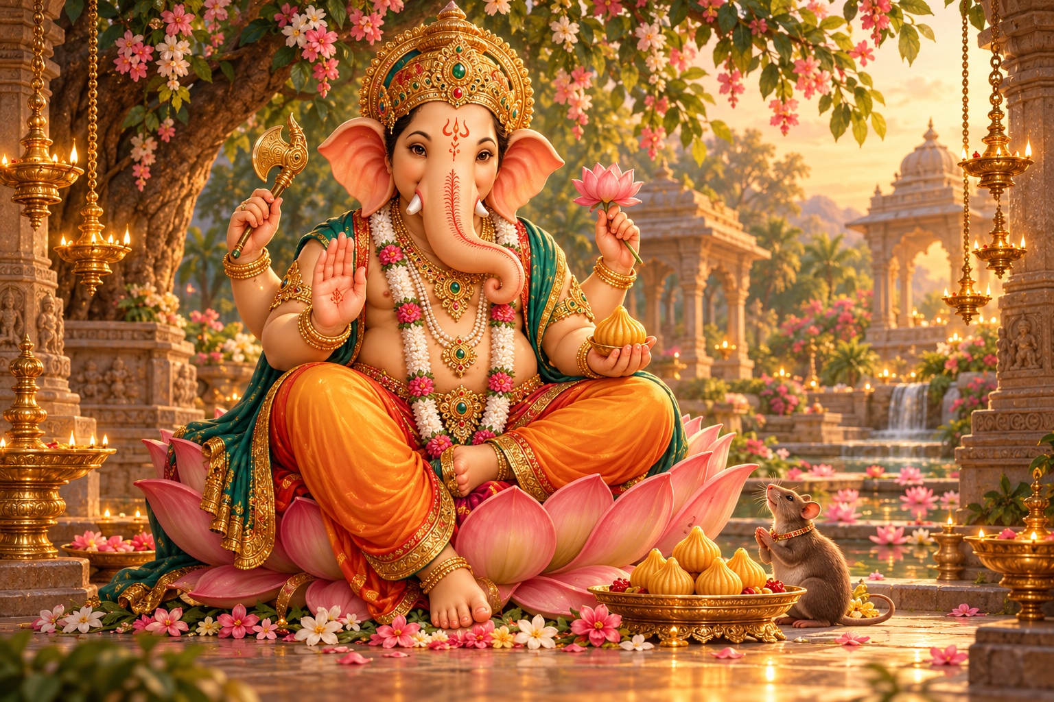 Lord Ganesha seated beneath a flowering tree with lamps and offerings, in an original devotional painting.