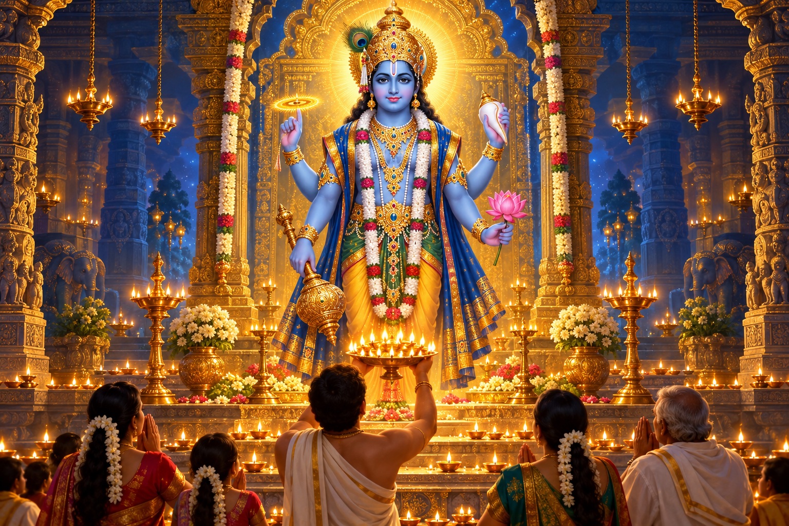 Lord Vishnu in a lamp-lit shrine as a family offers aarti, in an original devotional painting.
