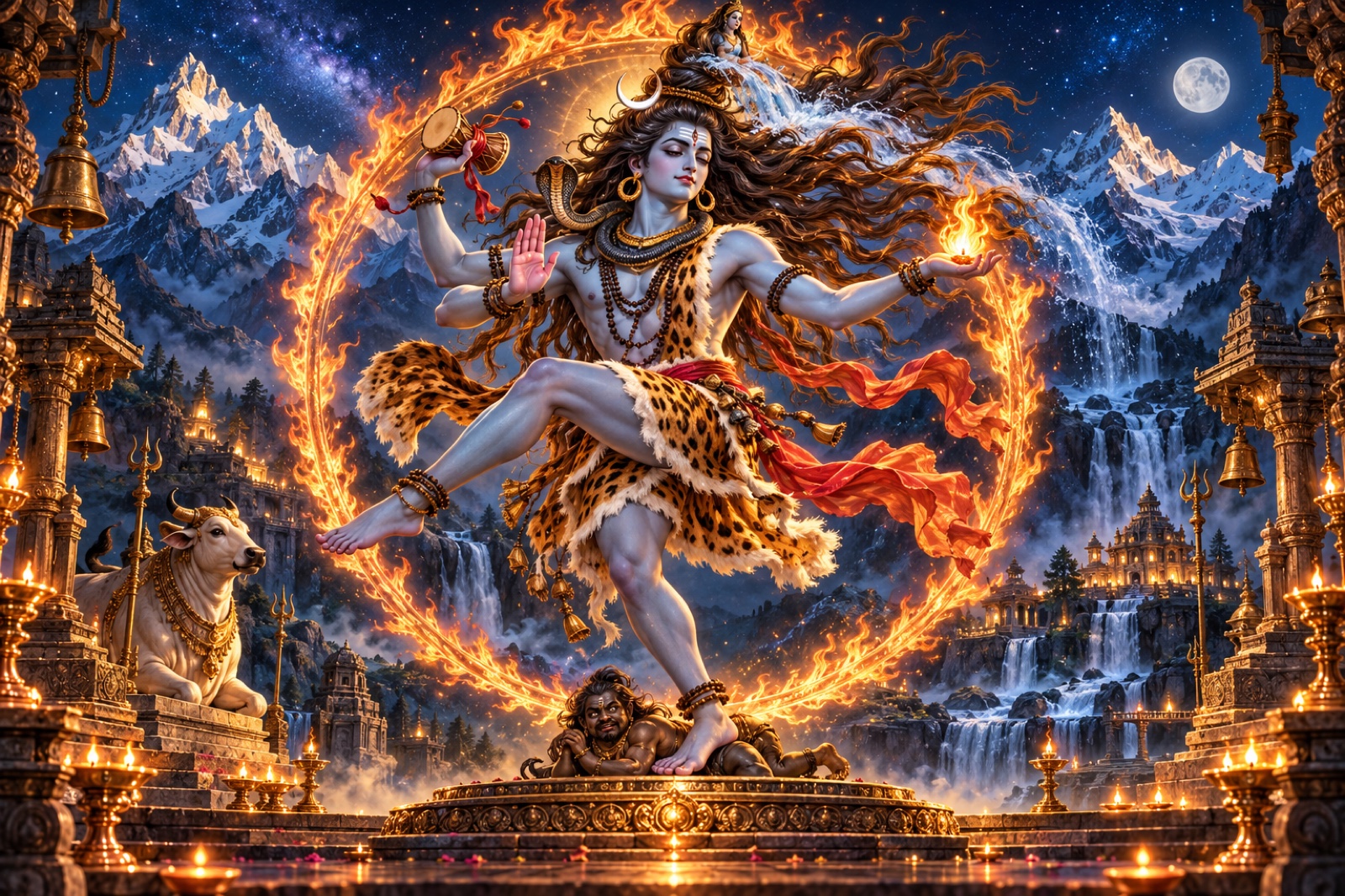 Lord Shiva performing the cosmic tandava amid fire, flowing Ganga, the crescent moon and Himalayan temples, in an original devotional painting.