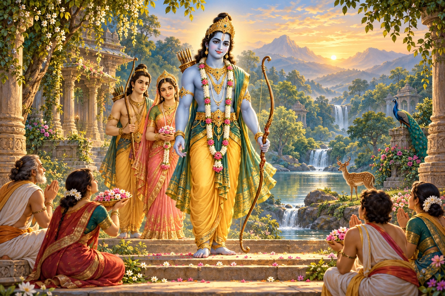 Lord Rama with Sita, Lakshmana and Hanuman in a serene forest-temple setting, in an original devotional painting.