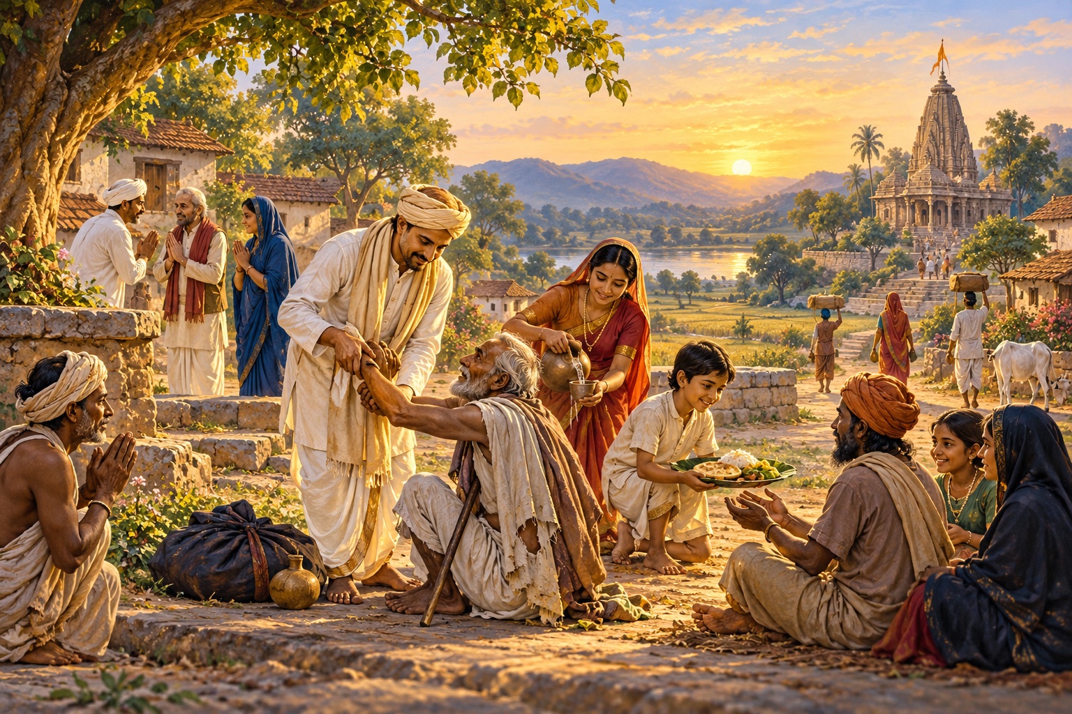 A compassionate devotee helping a traveller in a Gujarati village while musicians sing nearby, in an original devotional painting.
