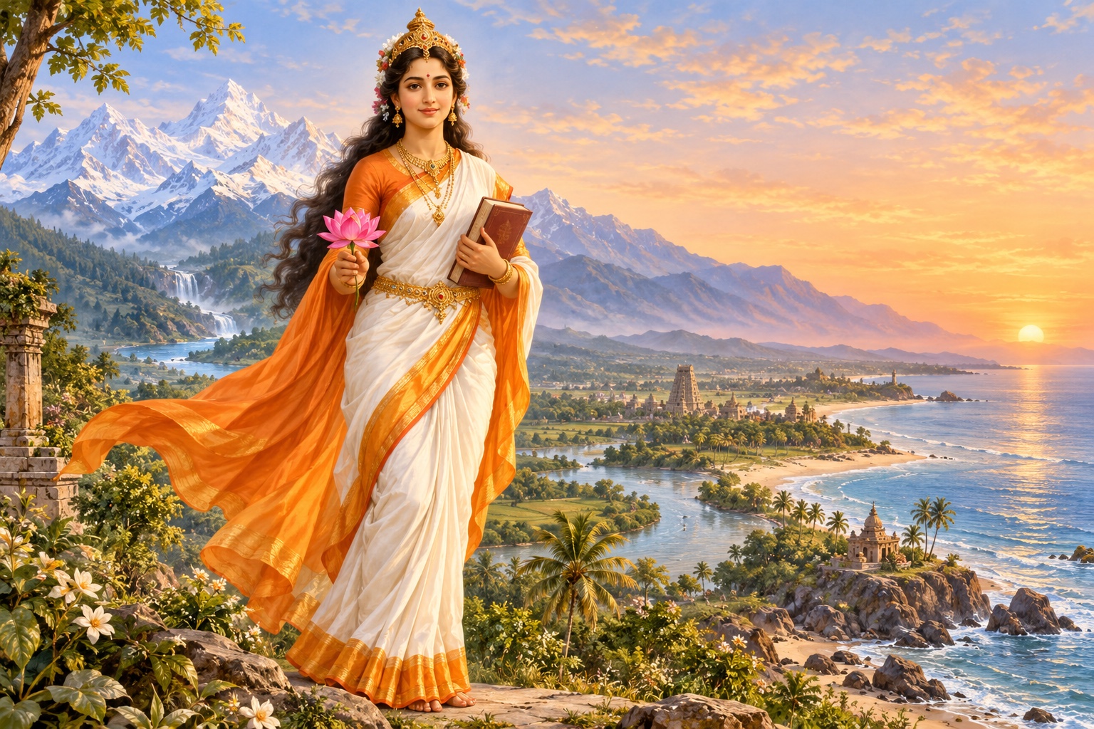 Original devotional illustration of Bharata Mata before the Himalayas, holding a lotus and book.