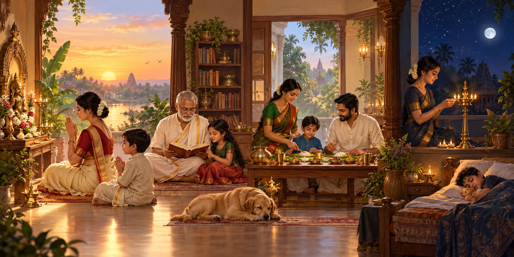A family moving through a devotional day of prayer, study, food, an evening lamp and rest.