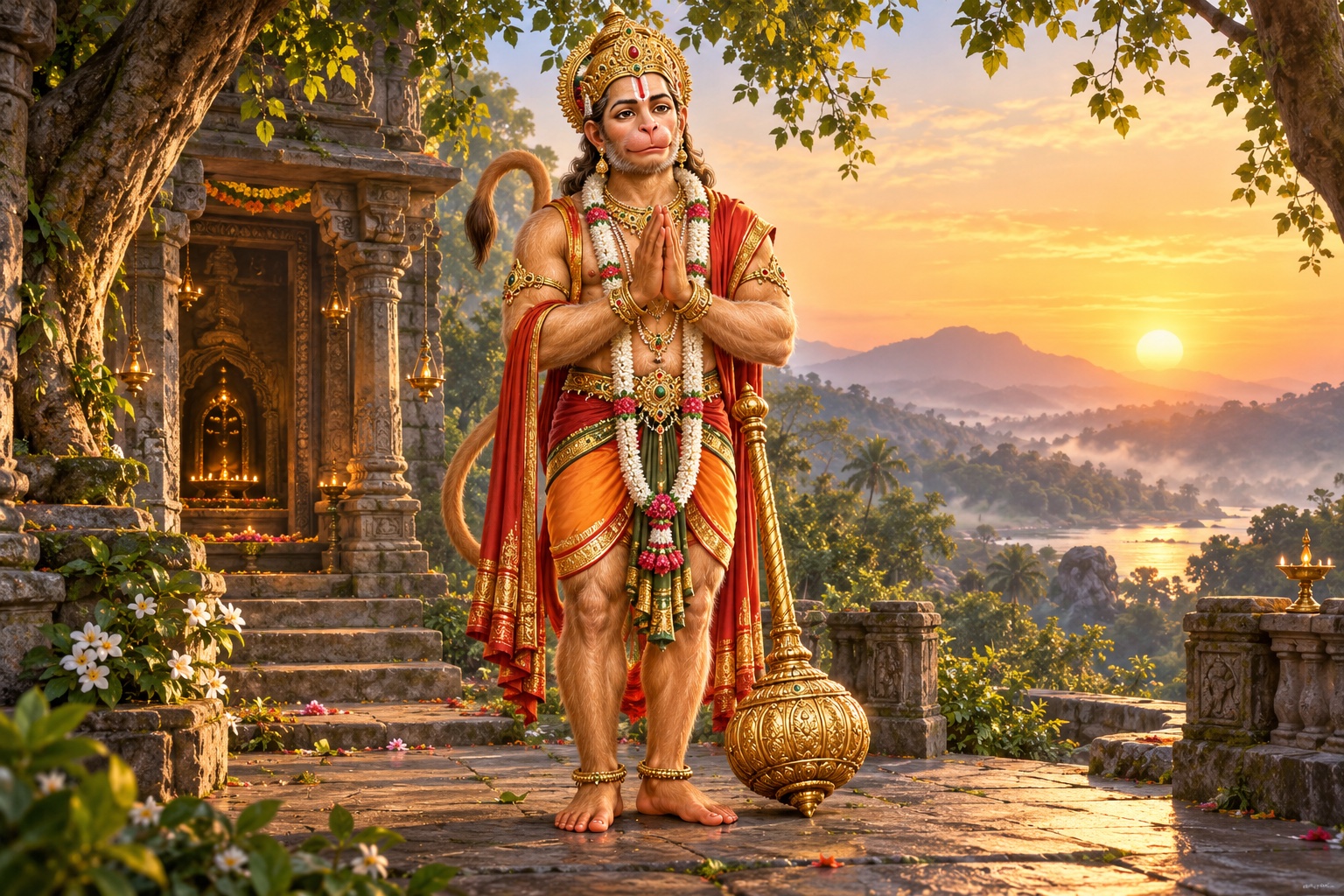 Original devotional illustration of Hanuman standing with the gada at dawn.