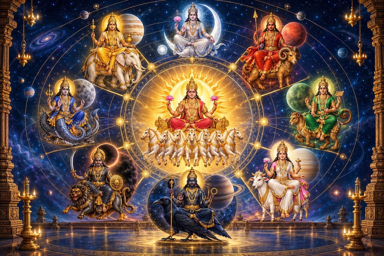 Original devotional illustration of Surya encircled by the other eight Navagrahas.