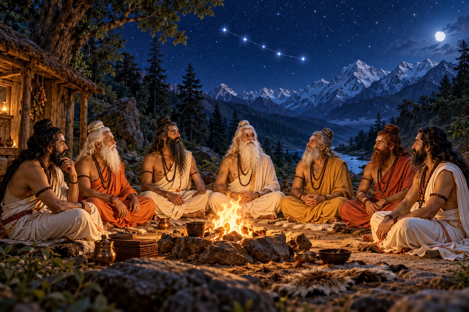 Original devotional illustration of seven sages meditating beneath a starlit sky.