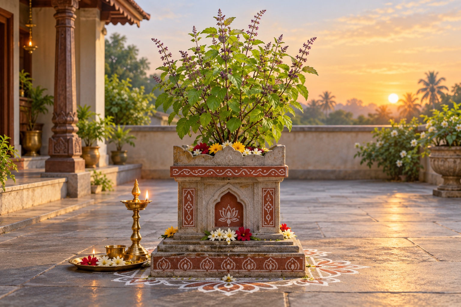 A sacred Tulasi plant growing on a decorated altar in a peaceful courtyard.