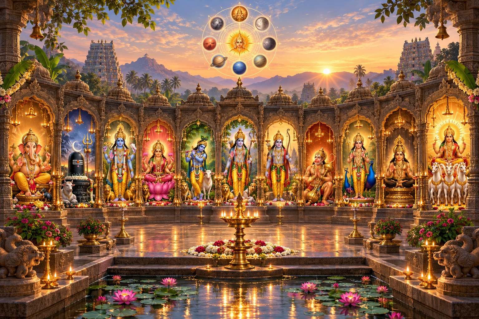 A lamp-lit temple courtyard with shrines for major Hindu deities and a celestial Navagraha mandala.