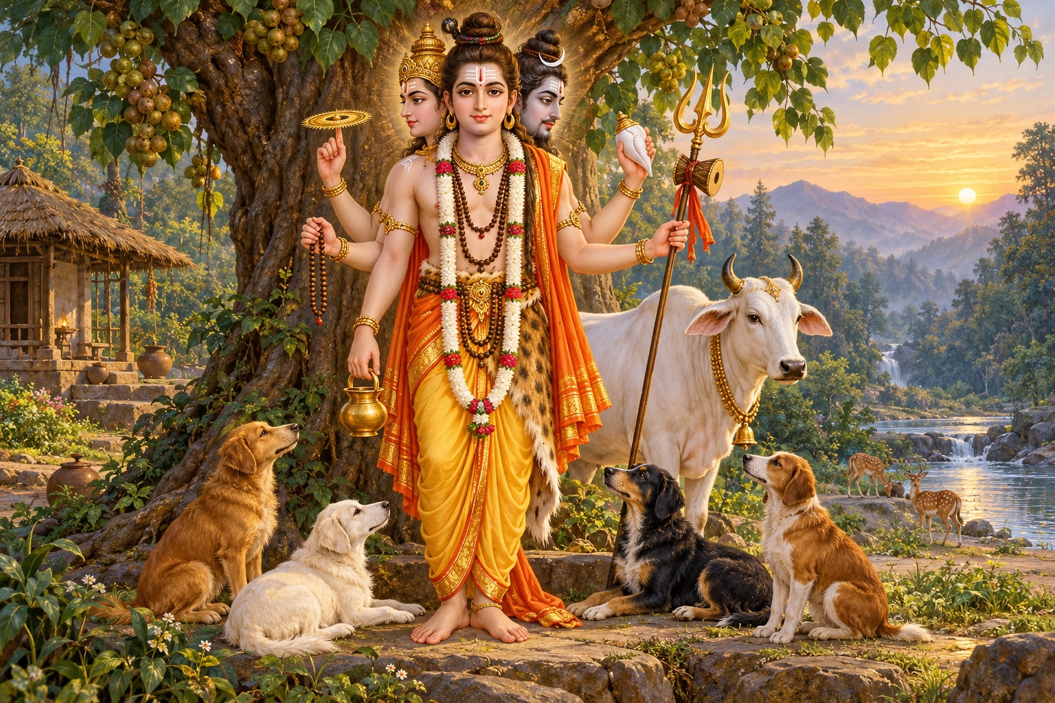 Lord Dattatreya beneath a sacred tree with a cow and four dogs symbolizing the Vedas.