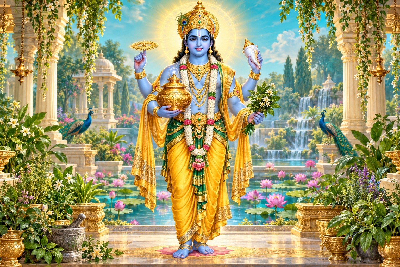 Lord Dhanvantari holding the amrita vessel, conch, discus and healing herbs in a temple garden.