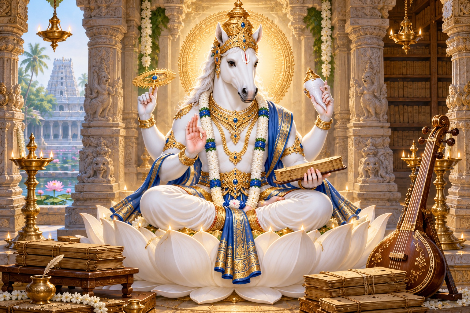 Lord Hayagriva seated on a white lotus with sacred books, conch and discus.