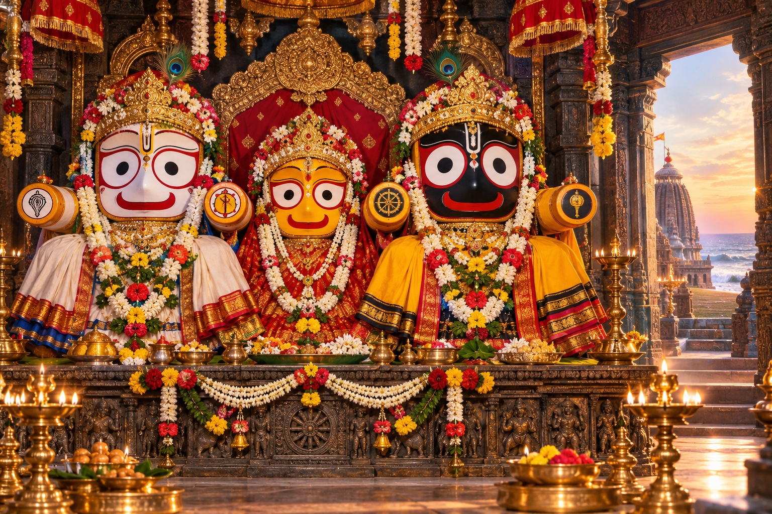 Lord Jagannath with Balabhadra and Subhadra on a flower-adorned altar.