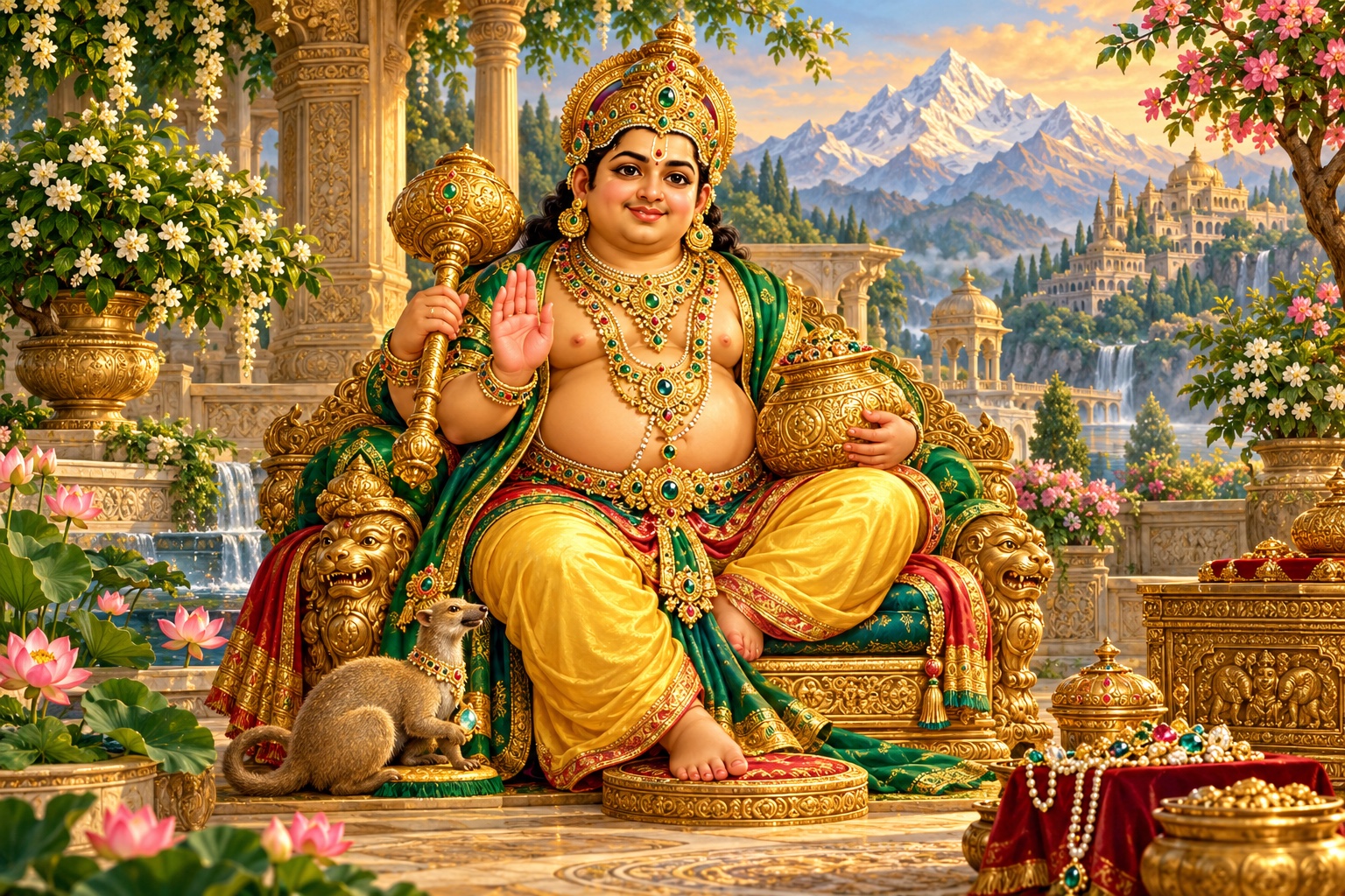 Lord Kubera seated in a Himalayan palace garden with a wealth vessel and blessing hand.