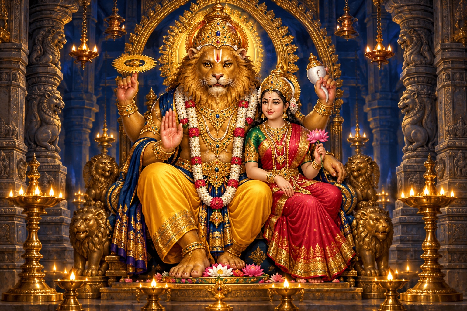 Lord Narasimha seated protectively with Goddess Lakshmi in a lamp-lit temple.