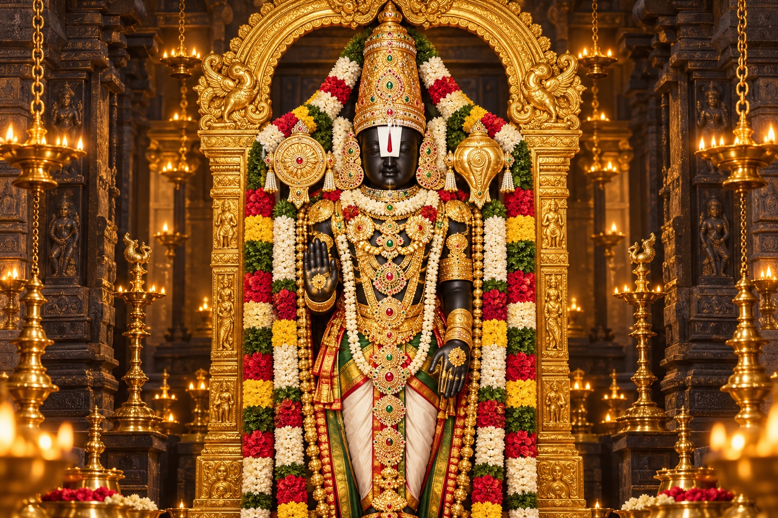 Lord Venkateswara adorned with crown, ornaments and flower garlands in a lamp-lit sanctum.