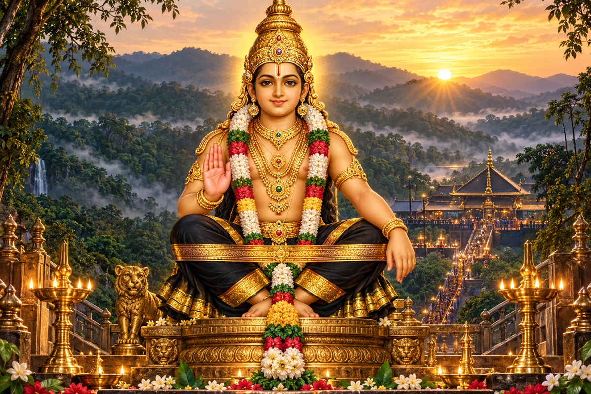 Lord Ayyappa above a lamp-lit mountain shrine, representing the 108 surrender invocations.