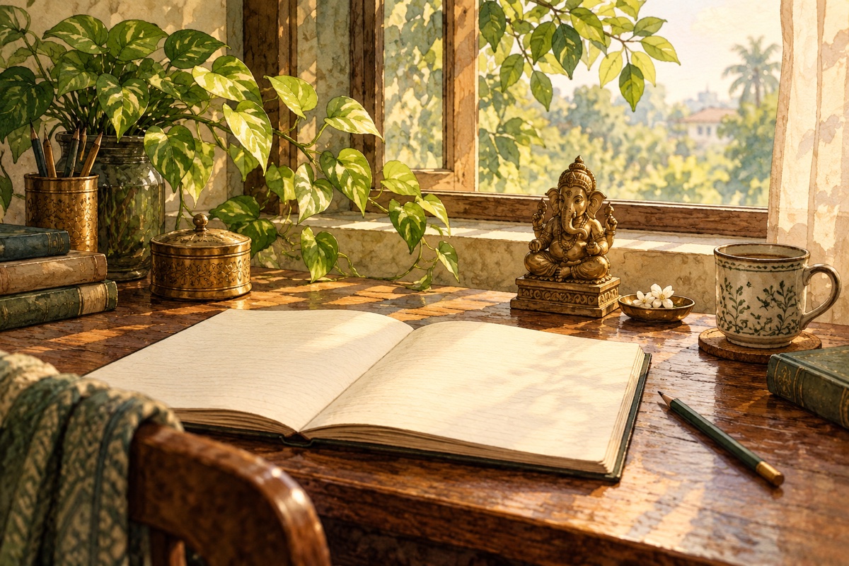 A small Ganesha image beside an open notebook in warm morning light.