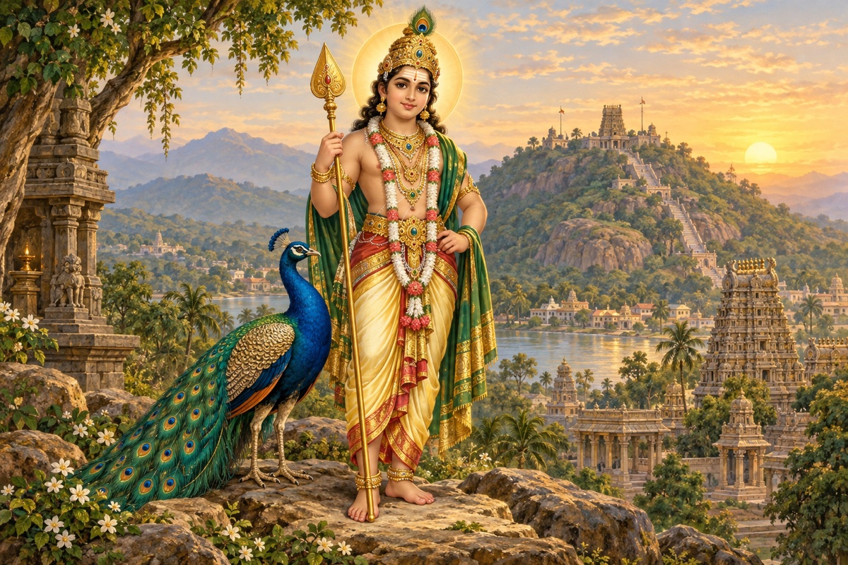 Lord Murugan holding the vel beside a peacock and a hill temple.