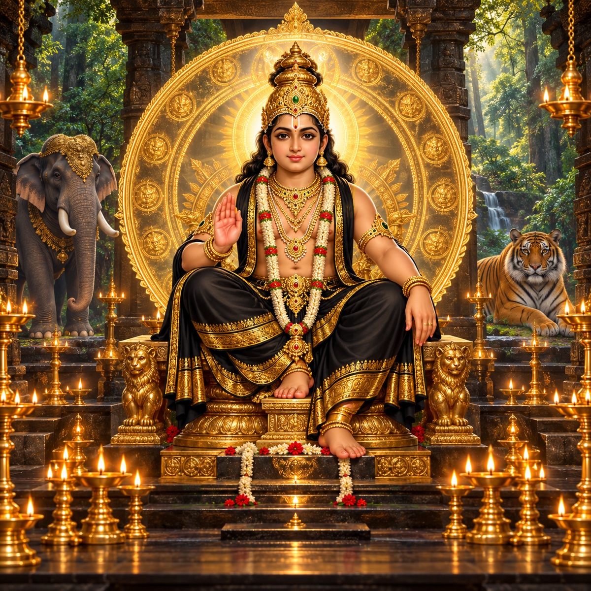 Lord Ayyappa within a luminous protective mandala above a mountain shrine.