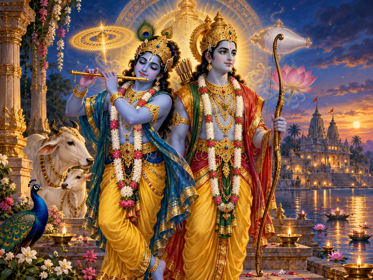 A devotional illustration joining forms of Vishnu, Krishna and Rama.
