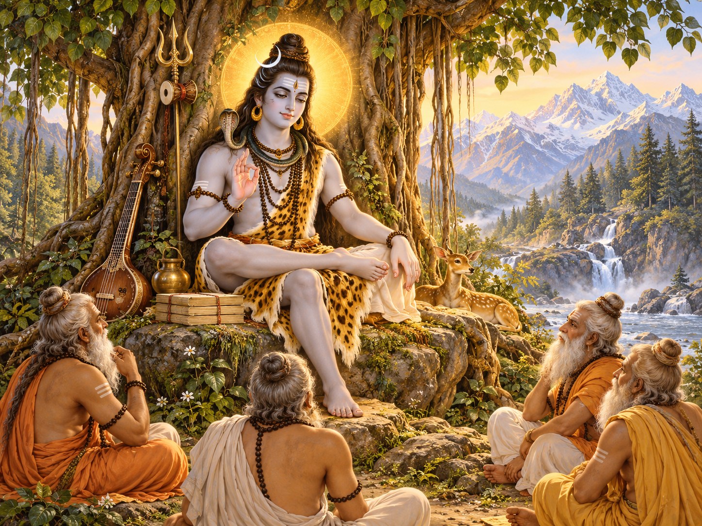Lord Dakshinamurti teaching in silence beneath a banyan tree.