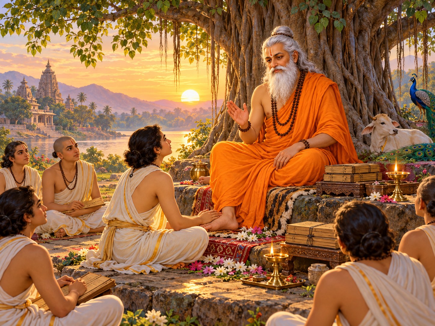 A guru teaching disciples beside a river at dawn.