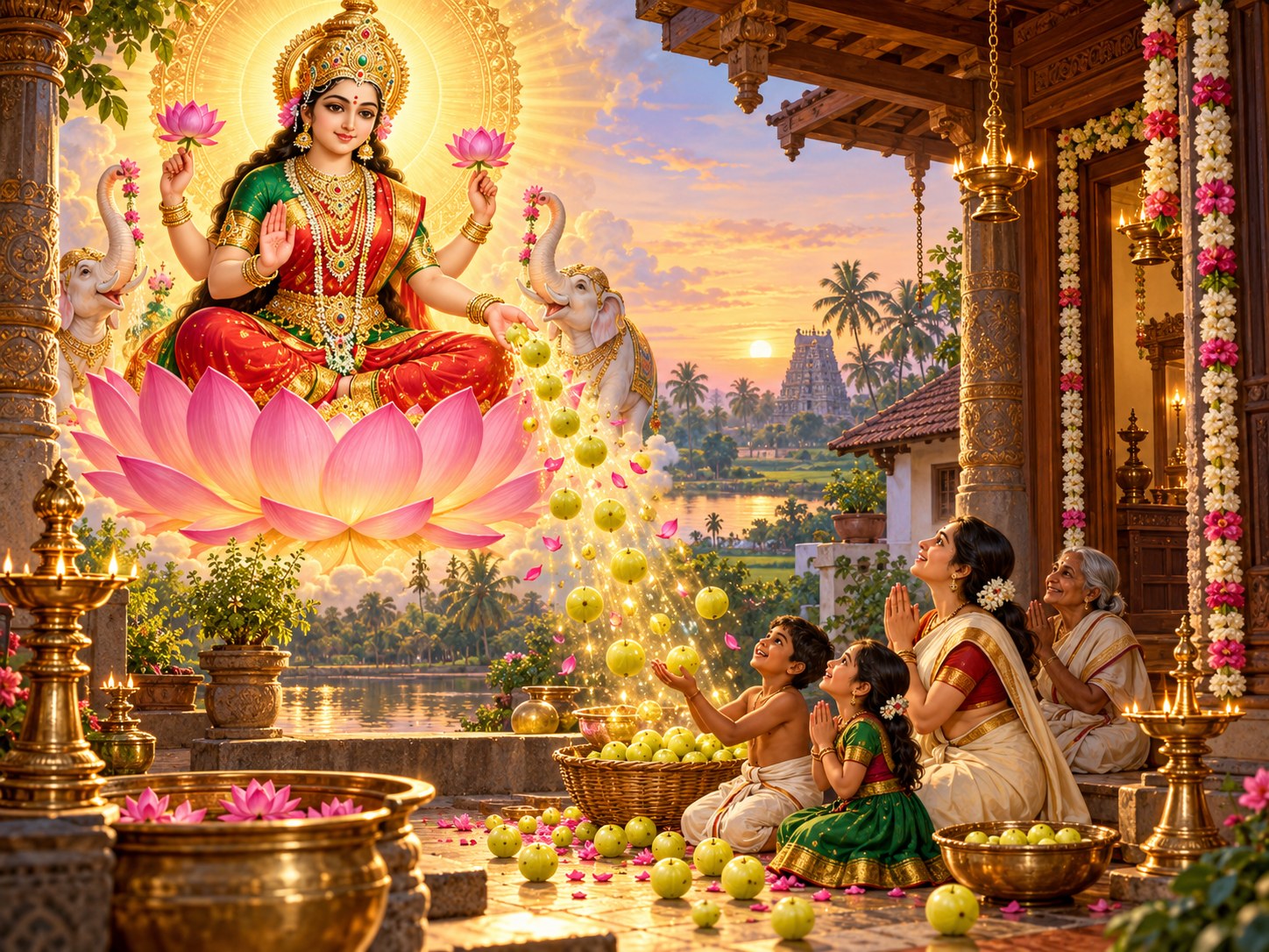 Goddess Lakshmi showering golden light beside a humble home.