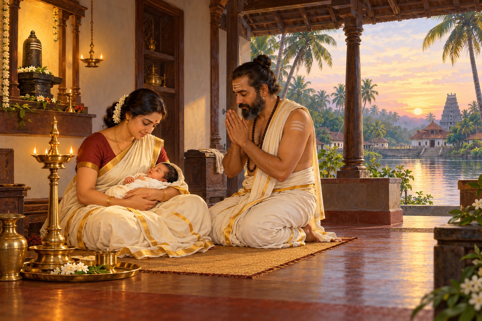 A devotional scene of the infant Shankara with his parents in a Kerala home at dawn.