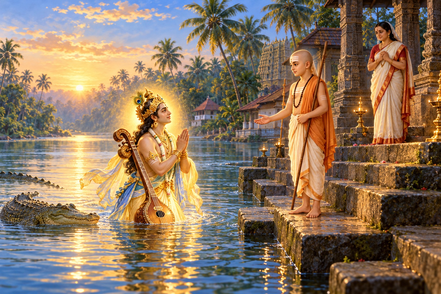 A luminous celestial Gandharva rising from the river as the crocodile releases young Shankara.