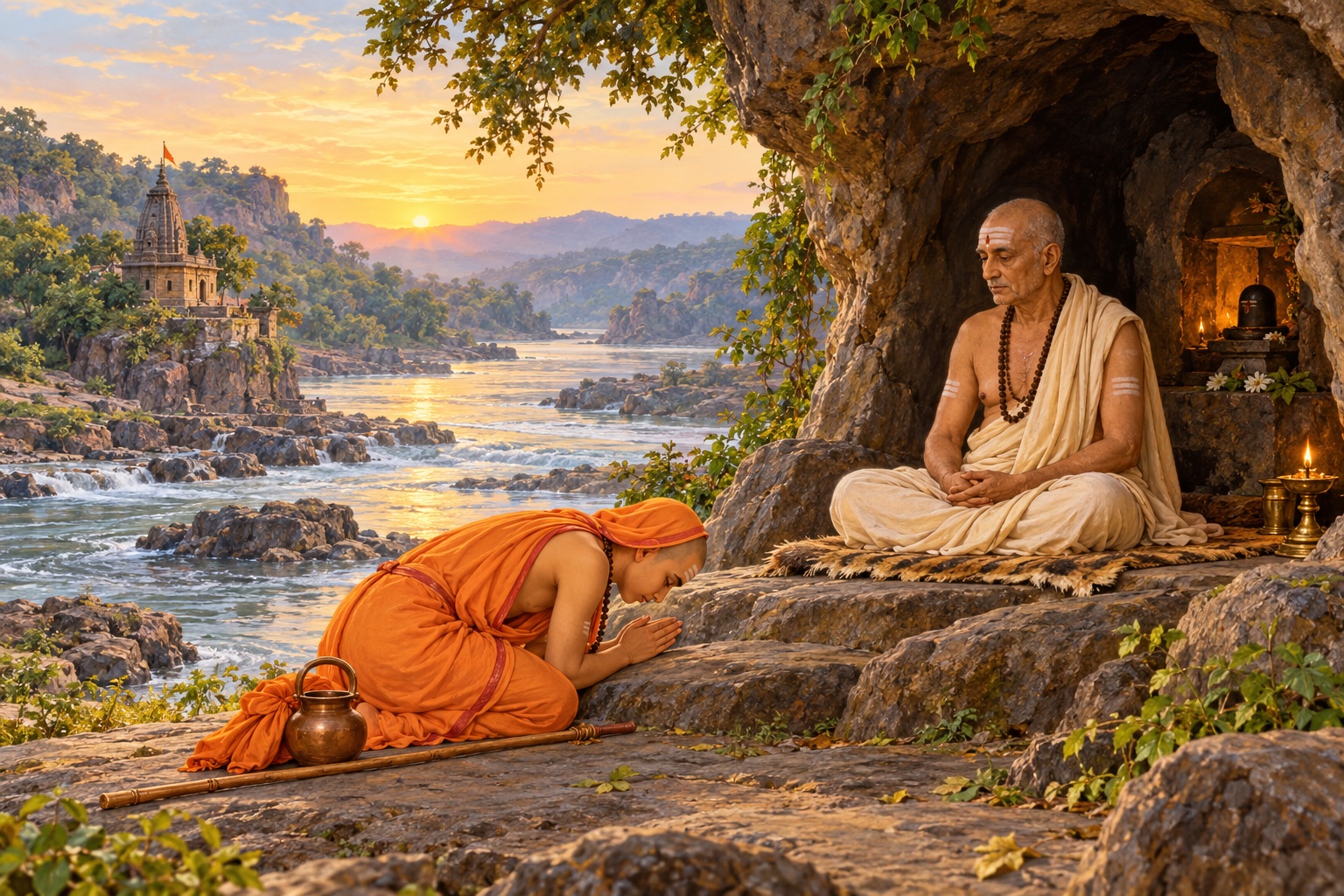 Young Shankara bowing before Govinda Bhagavatpada in a cave beside the Narmada river.