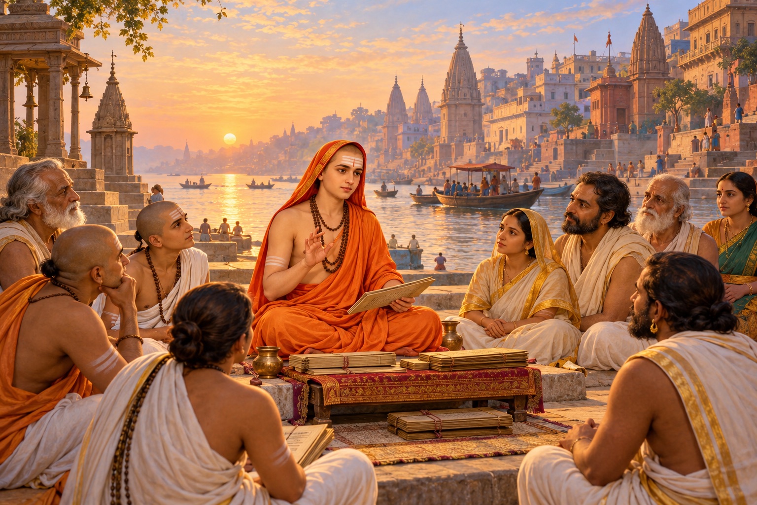 Adi Shankara teaching disciples and townspeople beside the Ganga in Kashi at sunrise.