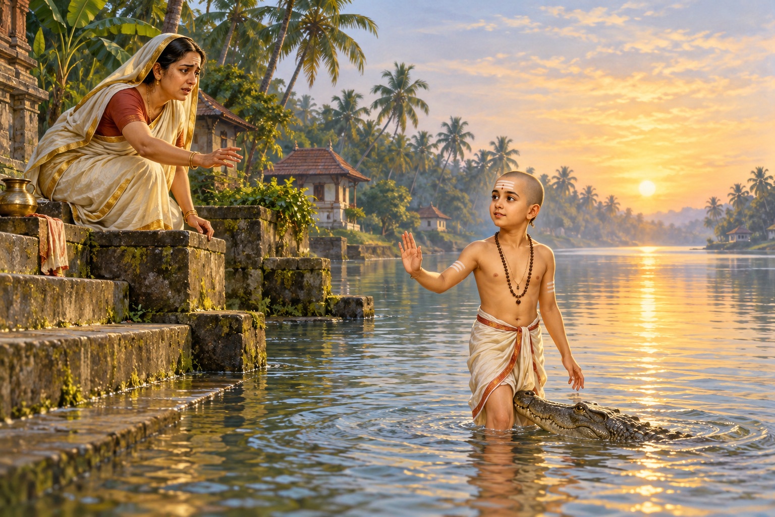 Young Shankara in a river as his mother reaches toward him during the traditional crocodile episode.