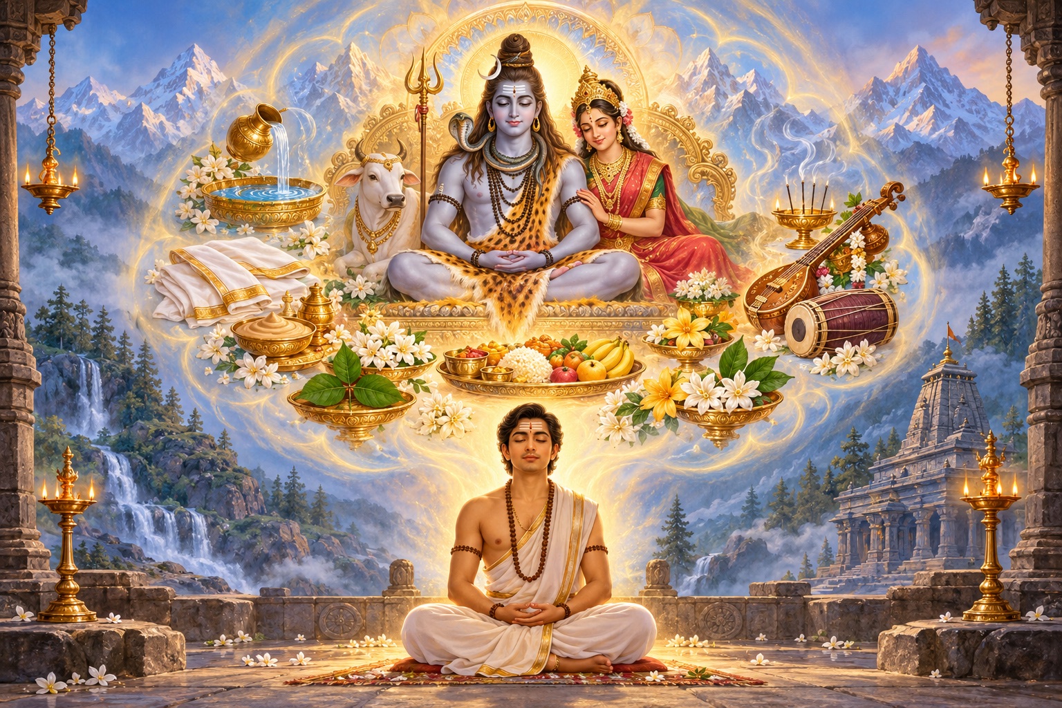 A devotee performing an inward Shiva puja through meditation and the light of the heart, in an original devotional illustration.